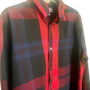 navy blue plaid long sleeve shirt with red piping, used/ express